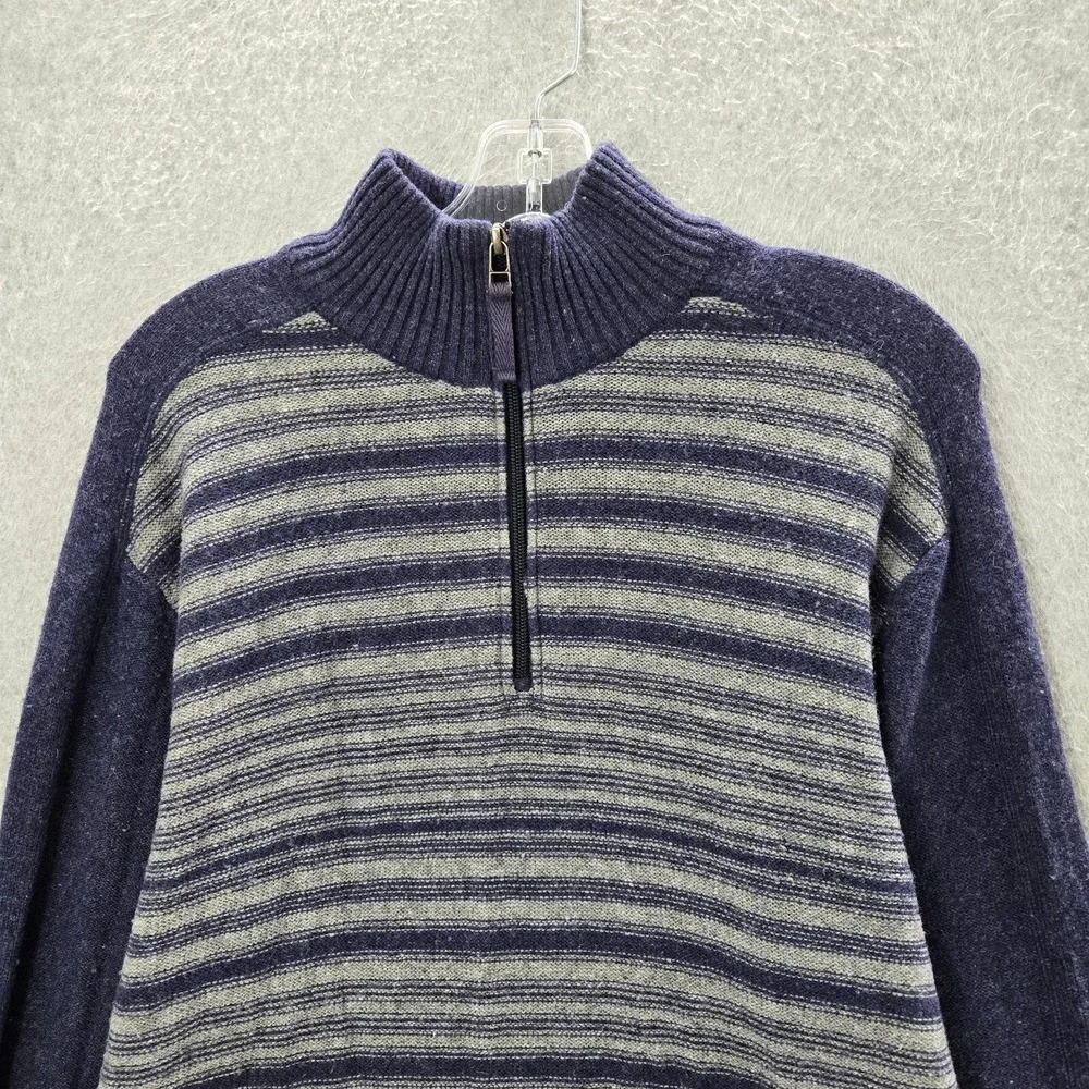 Royal Robbins Men Sweater Large Blue Striped Wool Blend 1/4 Zip‎ Mock Neck